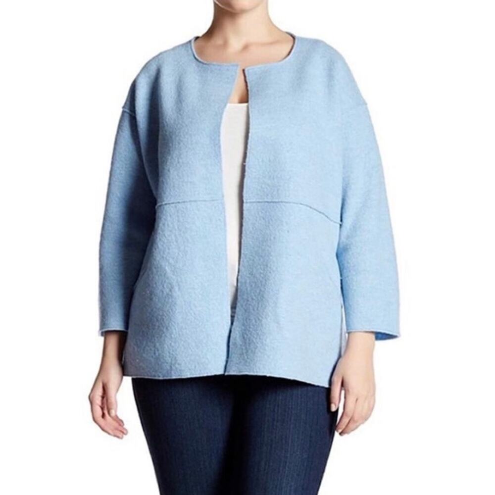 EILEEN FISHER Sweater Womens XS Blue Lightweight Boiled Wool Open Jacket Cardi